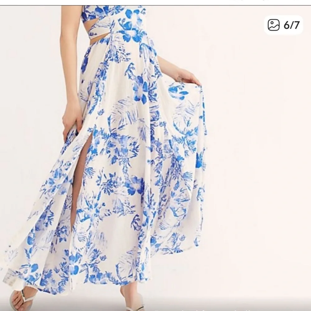 Free People Lille Floral Halter Maxi Dress in Blue and White